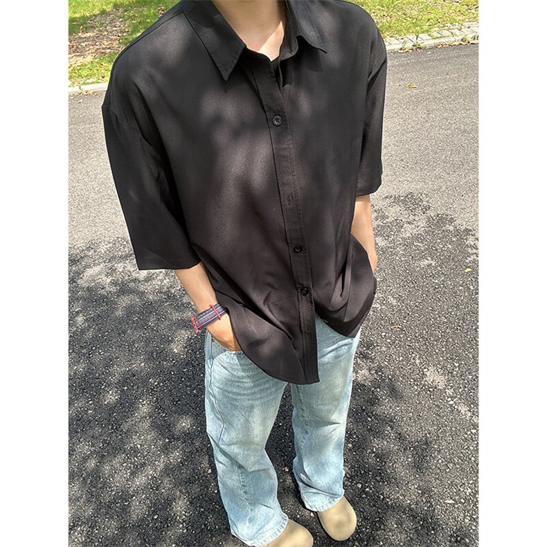 薄款冰丝短袖衬衫男简约纯色垂感休闲痞帅衬衣CS288-P20,男装衬衫,星座301C-5