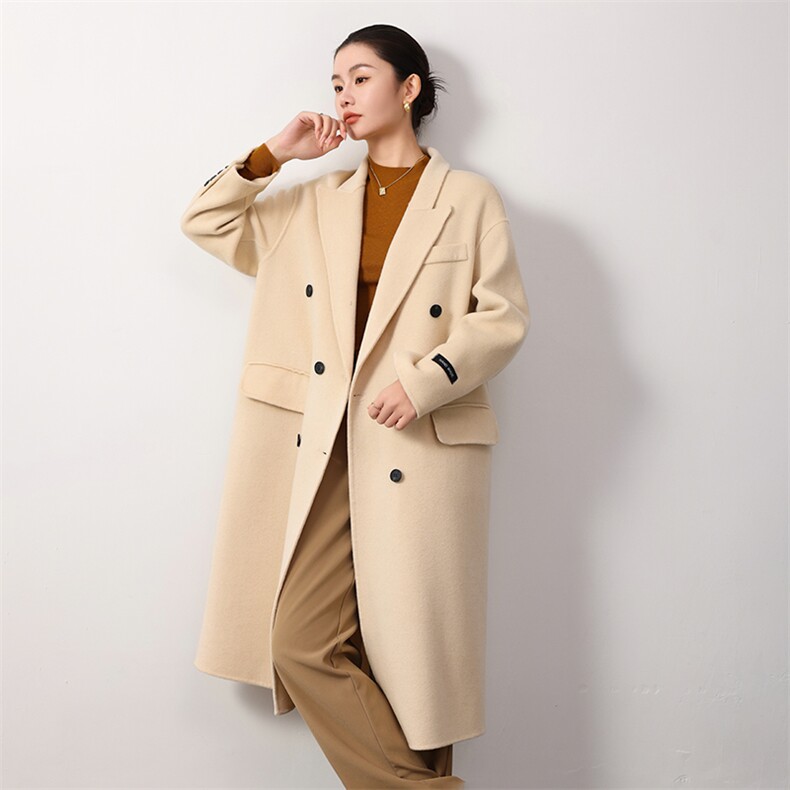 时尚百搭羊毛女士双面呢大衣优雅显瘦长款外套单品,女装双面呢大衣,岳达羊绒