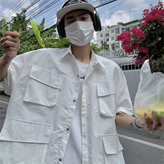 短袖工装衬衫男日系夏季宽松五分袖休闲上衣学生中袖衬衣C31-P42，男装衬衫，星座1008