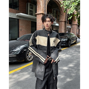 2024新美式撞色拼接皮衣外套立领机车服夹克炸街现货 W8338-P74图片