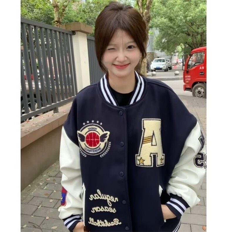 美式棒球服男女星空昵PU皮袖飞行员夹克情侣休闲宽松外套JKK18图片