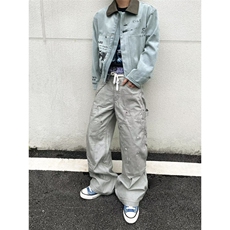 2025秋冬泼墨弯刀牛仔裤水洗灰色潮牌设计男女宽松长裤K6740-P69，男装牛仔裤，星座412-3