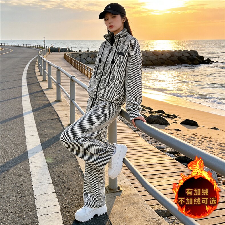 时尚休闲套装女秋冬季新款修身显瘦立领开衫卫衣阔腿长裤两件套潮,女装套装/套裙,2C310