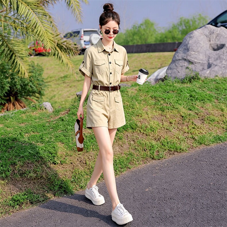 （新款现货）2026夏装时尚莱赛尔天丝棉麻工装连体短裤（配腰带）,女装连体裤,印象茜
