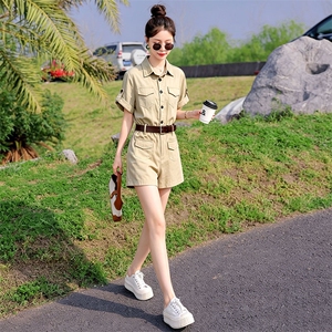 （新款现货）2026夏装时尚莱赛尔天丝棉麻工装连体短裤（配腰带）图片