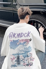图案已注册富士山樱花夏季休闲短袖T恤男宽松半袖体恤衫D050/P25，男装T恤，电商B209