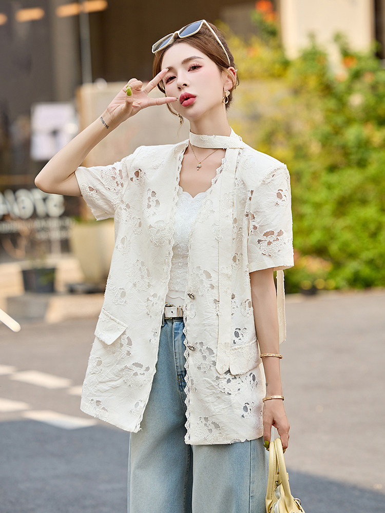 设计感镂空短袖西装外套女2025春夏新款时尚百搭V领蕾丝气质上衣,女装西装,妙形