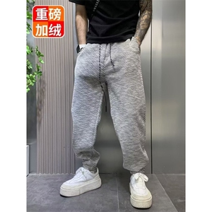 1506-1/KC811/P50男新款条纹加绒卫裤潮流冬季加厚时尚运动裤图片