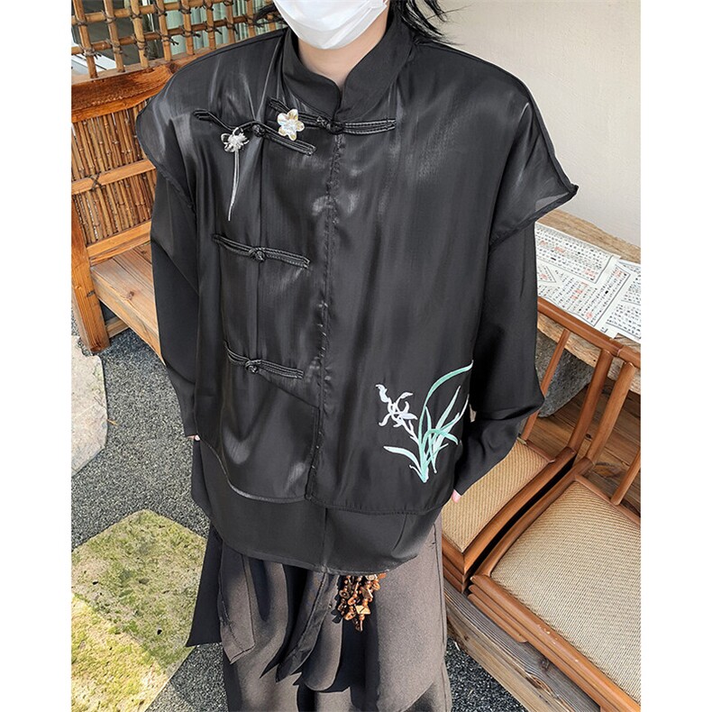 25春夏男士新中式假两件刺绣兰花流光丝光飘逸衬衫CS51-P98无胸针图片