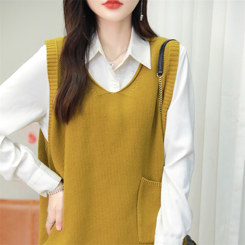 宽松大码纯棉针织马甲V领无袖毛衣全棉线坎肩加厚叠穿马夹上衣女，女装马甲，品高羊绒