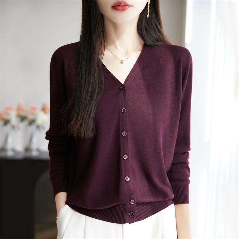 精纺水溶羊毛V领针织开衫女薄款宽松休闲百搭通勤长袖防晒衣外套，女装针织衫/毛衣，暖烁羊绒