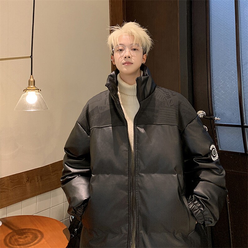 潮牌拼接PU皮保暖羽绒棉服男加厚外套M1605P100直播,男装棉衣,星座1904A-1