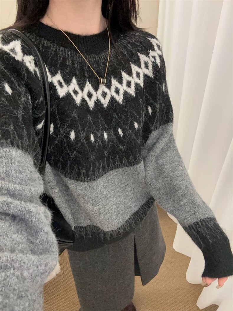 2026年秋季时尚百搭通勤简约休闲费尔岛黑灰圆领，女装针织衫/毛衣，臻纶羊绒