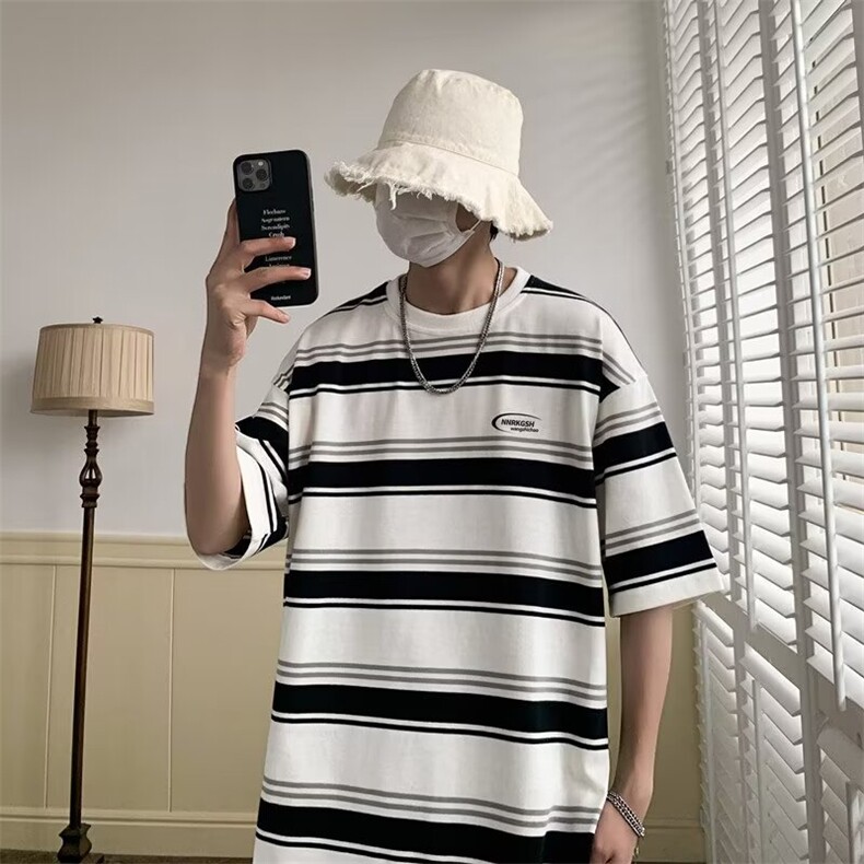夏季纯棉高质量短袖条纹T恤宽松舒适T47p35,男装T恤,星座1013