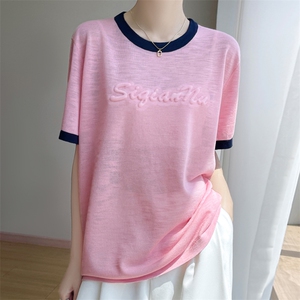 夏季新款竹节麻拼色圆领立体字母短袖女修身显瘦百搭时尚休闲上衣图片