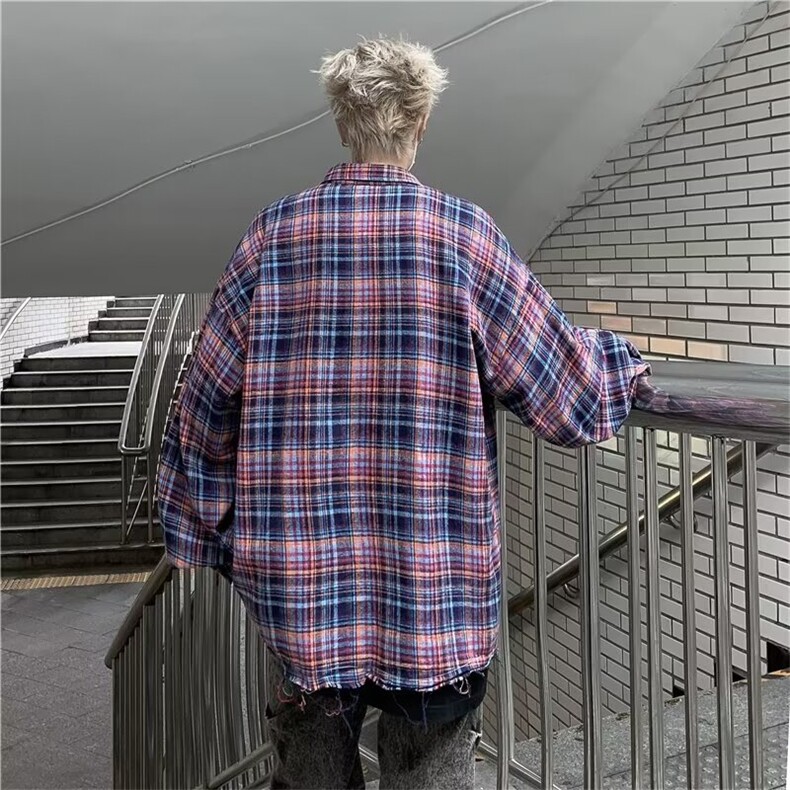 美式复古蓝色格子衬衫男女宽松休闲百搭外套潮男生2024年798/P45,男装衬衫,星座506