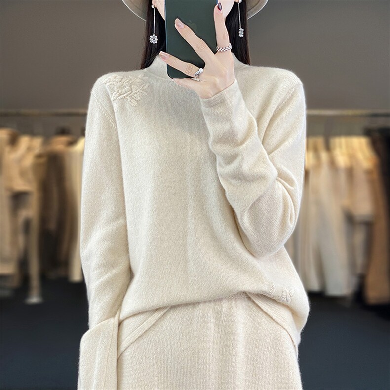 半高领针织打底衫女2024秋装新款侧口两堆花套头毛衣,女装羊毛衫,江南羊绒