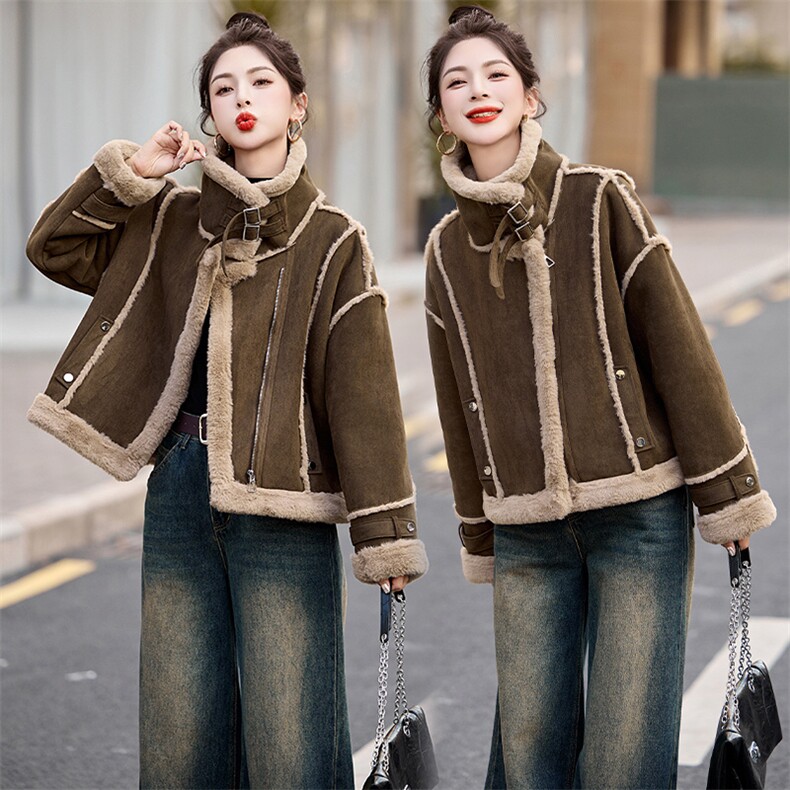 咖色加绒保暖皮毛一体外套女2024冬季新款宽松机车服加厚保暖棉服图片