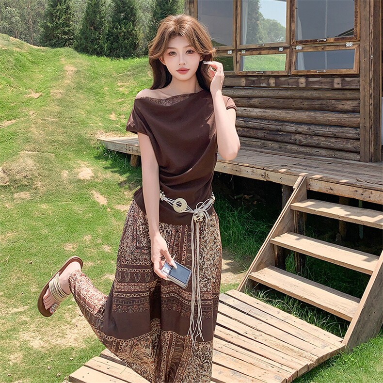2025新款法式洋气设计感斜肩T荡领高腰米亚风套裙P155K235,女装套装/套裙,1D066-1