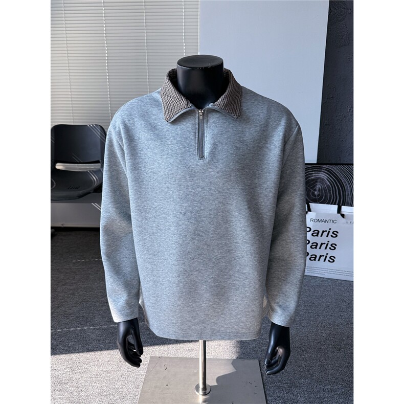 现货格子拼接翻领polo衫男秋季宽松休闲长袖卫衣特P38，男装Polo衫，电商C306-1