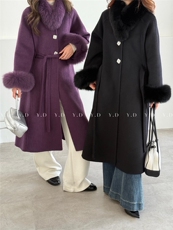 【依嘟】高级感真狐狸毛韩版气质百搭羊毛外套(配可拆卸真狐狸毛，女装双面呢大衣，依嘟服饰