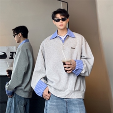 美式复古假两件拼接衬衫领POLO衫设计长袖T恤卫衣W100-P58，男装Polo衫，电商C307