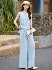现货轻熟风气质套装女2026夏季麻料薄款西装马甲上衣阔腿裤两件套，女装套装/套裙，艾仟回(原伊仟回)