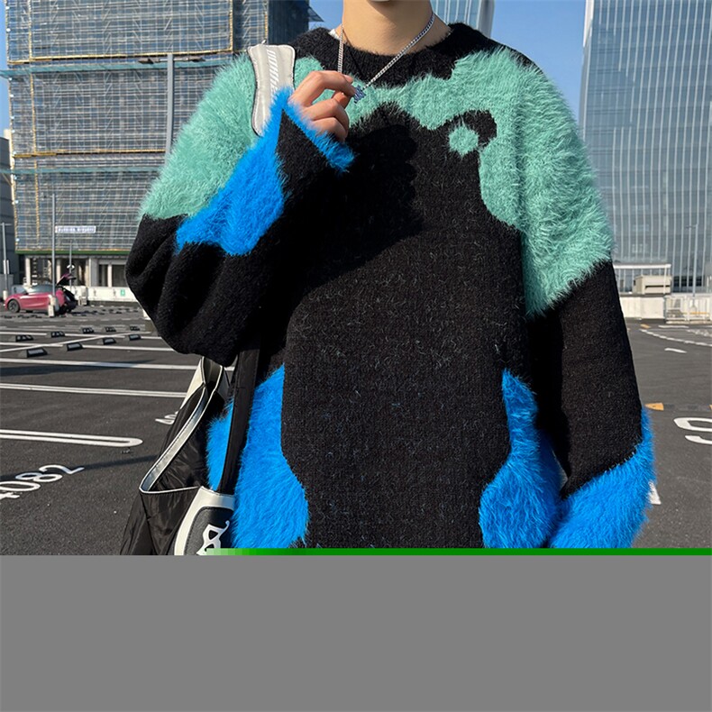 撞色拼接毛衣男宽松慵懒风针织衫美式复古马海毛圆领外套,男装针织衫/毛衣,星座410-7