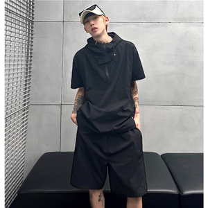 美式机车风工装短袖套装男薄款休闲连帽户外骑行运动套装TZ13-P75图片