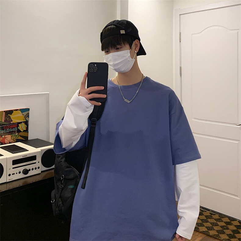 8521-P40假两件圆领卫衣男港风百搭无帽上衣ins潮流宽松外套,男装卫衣,电商D310B