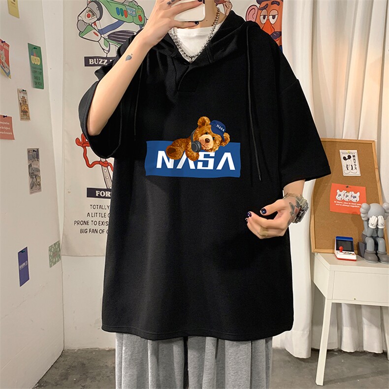 LD54247-P45NASA连帽短袖t恤男大码胖子带帽五分袖中袖海报风,男装T恤,电商A040