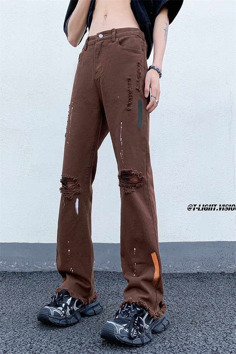 B221美式ins高街暗黑喷墨休闲破洞微喇牛仔裤LK23088-P65控88,男装牛仔裤,电商B221