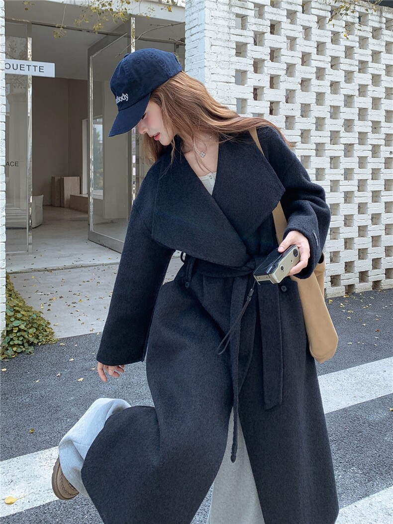 现货新款2B114P265K335长款秋冬双面羊绒大衣外套翻领配腰带百搭,女装双面呢大衣,网红馆