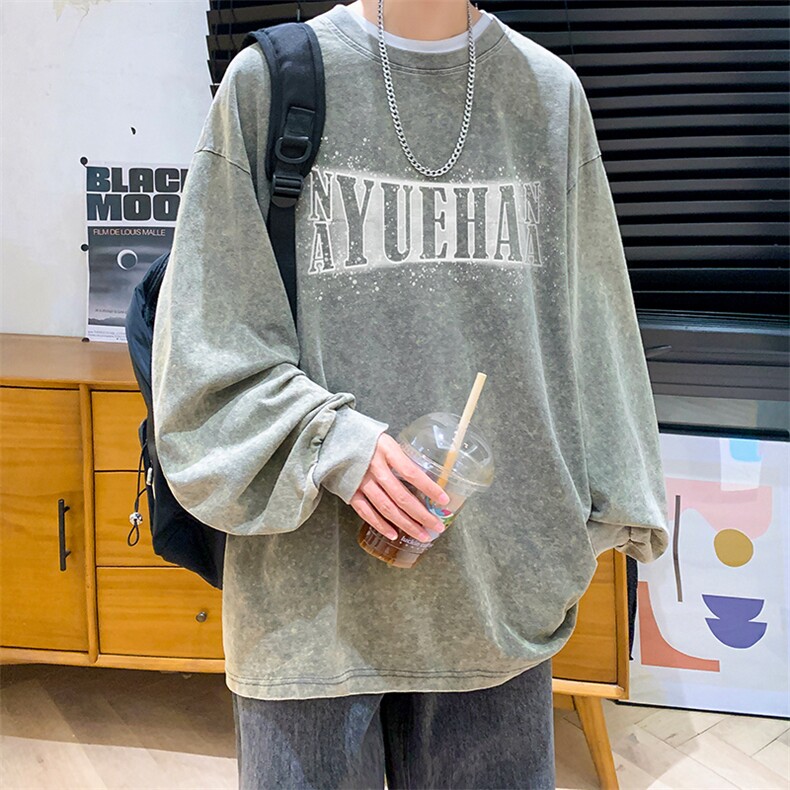 抖音供货、秋季现货水洗棉宽松版重磅长袖T恤D223A-ST235-特P38,男装T恤,电商019-1