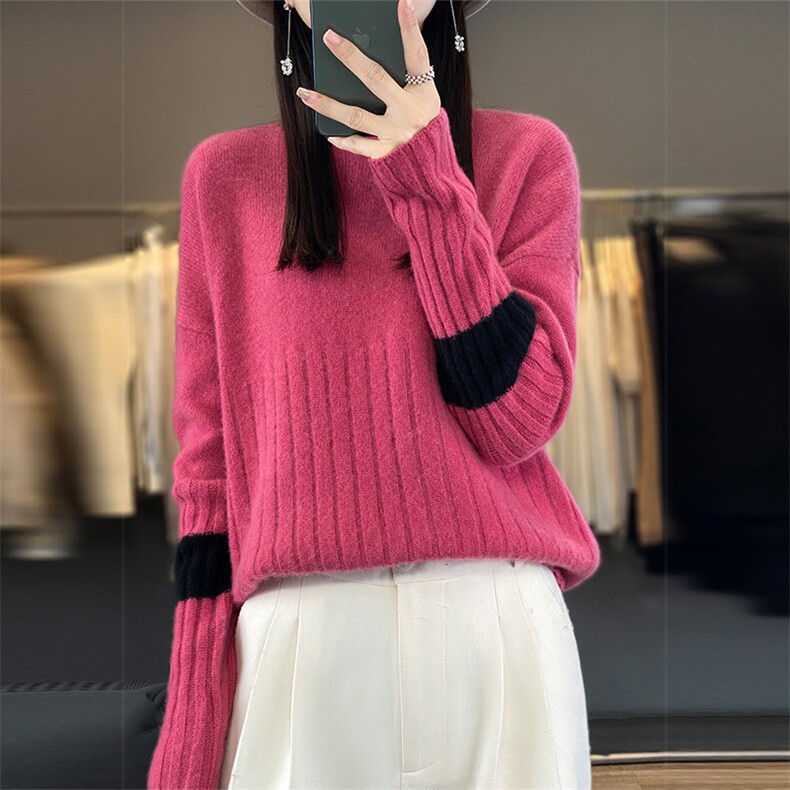 2025年秋季时尚百搭通勤简约休闲袖子拼色坑条羊毛衫,女装羊毛衫,丽特绒