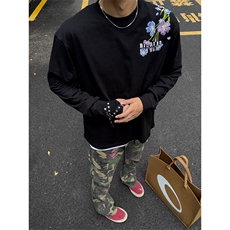 网图有货情侣重工刺绣过肩花丛长袖休闲百搭纯棉T恤男女A950-P45，男装T恤，星座1505