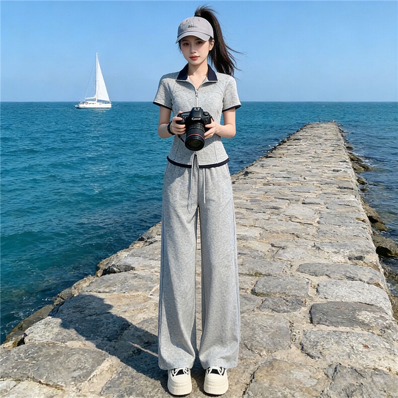 女夏新款小个子时尚休闲套装欧货纯色短袖拼接上衣高腰长裤两件套,女装套装/套裙,江南