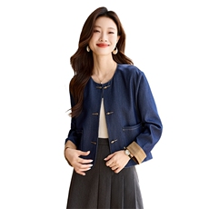 新中式拼色仿牛仔外套女2025春秋款气质优雅圆领短款上衣，女装短外套，时尚风爆