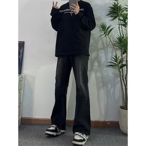 cleanfit水洗黑色修身微喇牛仔裤男美式高街欧美hiphop直筒裤子秋图片