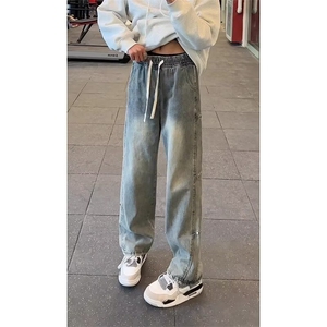 宽松型水洗黑色牛仔裤男款抽绳松紧腰裤直筒秋季长裤宽松腰常规潮图片