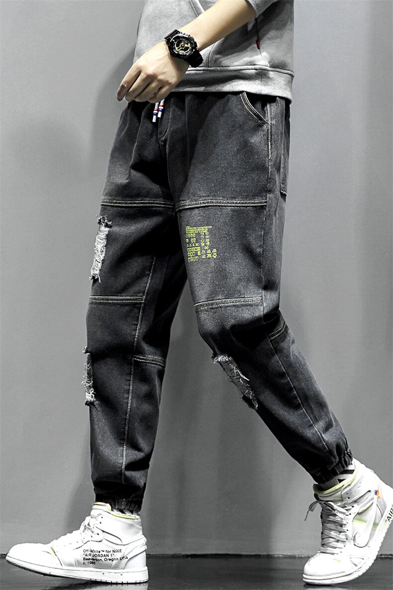 2021春季新大码日系束脚字母印花破洞拼接九分牛仔裤男N8102-P55,男装牛仔裤,电商A001