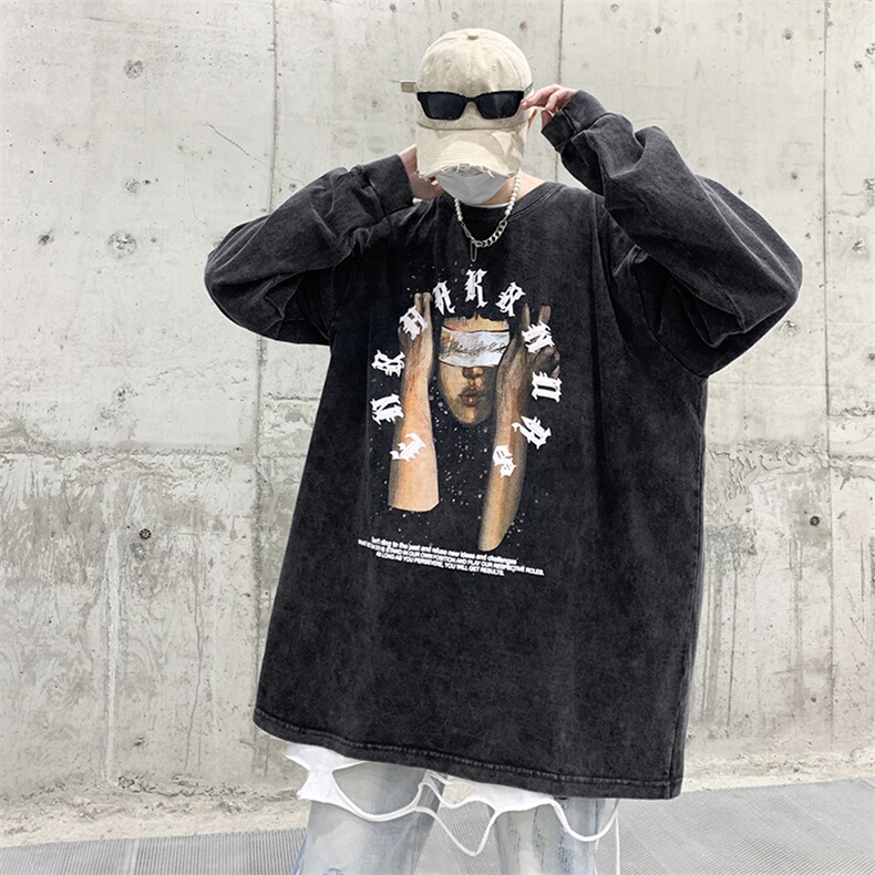 直播品质重磅纯棉美式蜡染水洗做旧潮牌宽松长袖t恤CT272特P38,男装T恤,电商A486