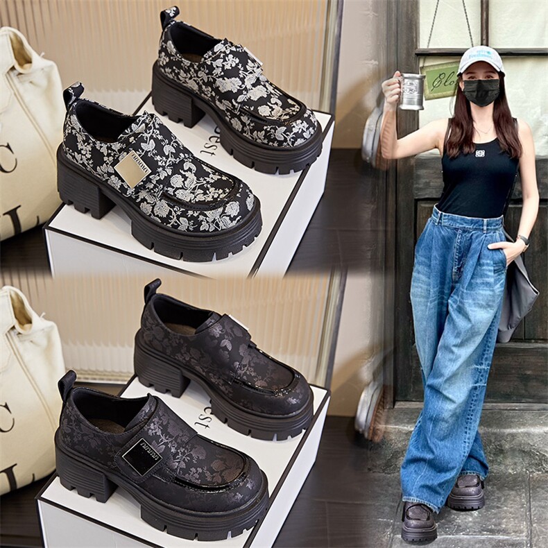 花布乐福鞋2024春季新款百搭粗跟玛丽珍鞋休闲复古真皮女鞋，女鞋小皮鞋，电商A223