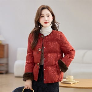 现货2025年冬季新款中式白鸭绒羽绒服女复古风提花毛领袖外套上衣图片