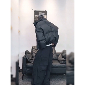 现货5W件冬季三防重磅硬挺boxy短款羽绒立领PU皮棉衣外套加厚棉服图片