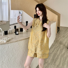 新中式国风黄色短裤套装女夏2025新款小个子两件套大方得体高级感，女装套装/套裙，2C135