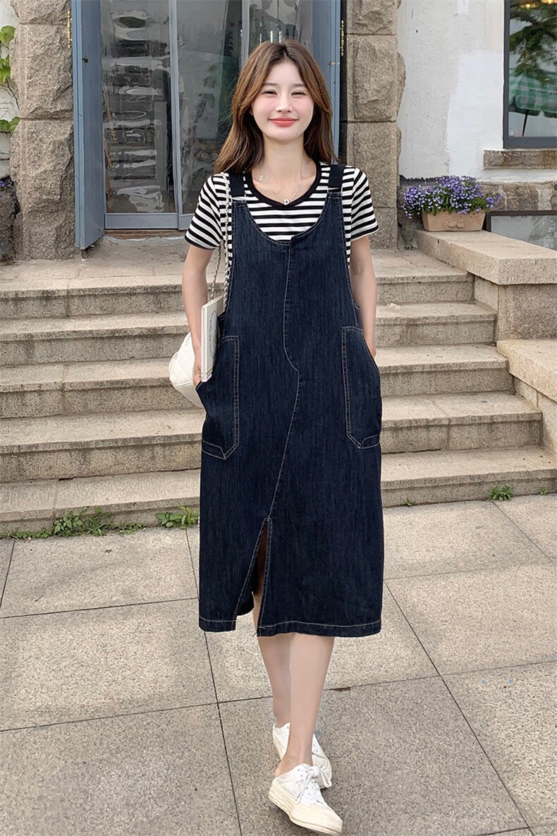 减龄条纹T恤宽松牛仔背带裙套装女2025夏季新款设计感小众两件套,女装套装/套裙,2C269