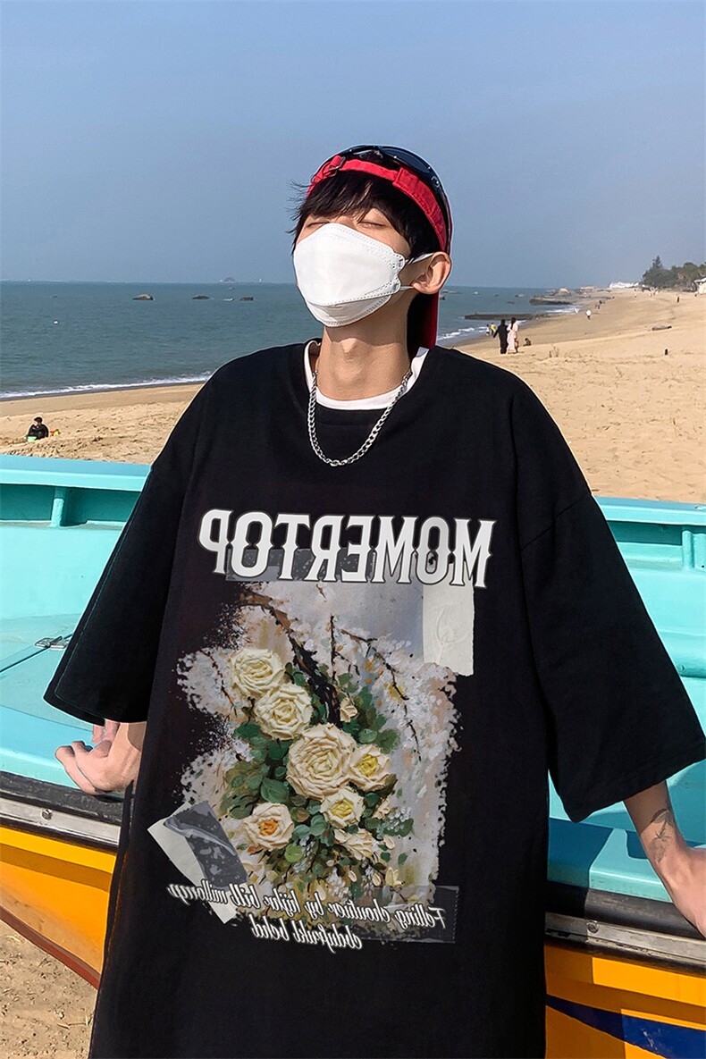 港风油画花朵创意印花夏季重磅落肩袖短袖t恤B239-1271-P28,男装T恤,星座514-2(原B239)