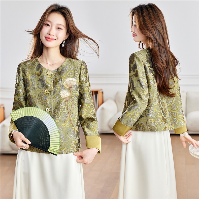 2026年春季新中式圆领刺绣花民族风撞色拼接外套，女装短外套，简韵佳