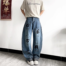 小众美式覆古字母刺绣多口袋工装牛仔裤男女宽松阔腿弯刀裤，男装牛仔裤，星座813-3